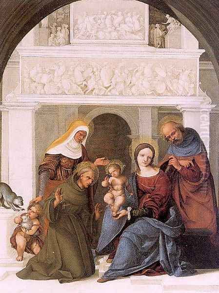 The Holy Family with Saint Francis 1520 Oil Painting by Ludovico Mazzolino