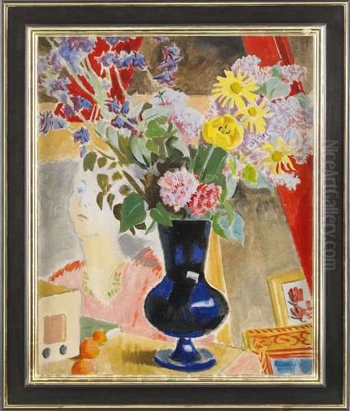 Sommarblommor I Bla Vas Oil Painting by Isaac Grunewald