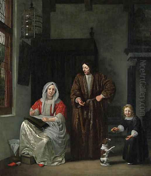 An elegant Family with a Dog in an Interior Oil Painting by Michiel van Musscher