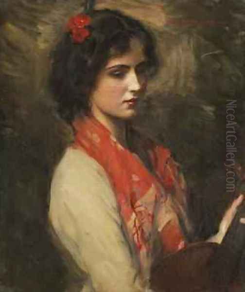 Young Woman with Mandolin 1901 Oil Painting by Harrington Mann