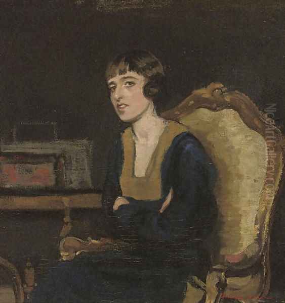 Portrait of the artist's sister, seated half-length, in a black dress Oil Painting by Harrington Mann