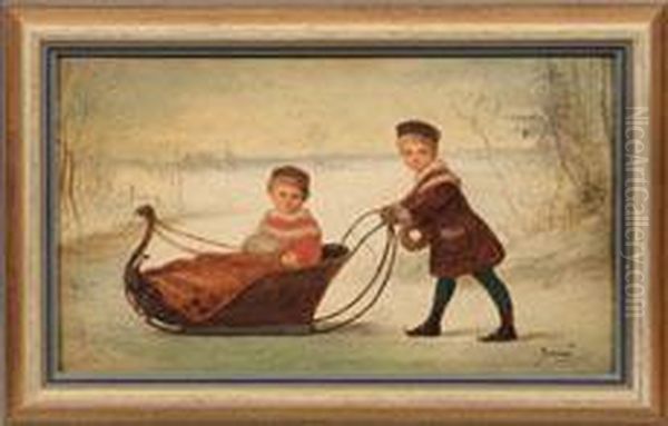 Kinderpaar Mit Schlitten Auf Dem Eis Oil Painting by Bela Ivanyi Grunwald