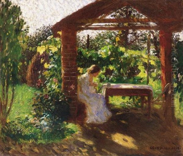 Lady Sitting In An Arbour Oil Painting by Bela Ivanyi Grunwald