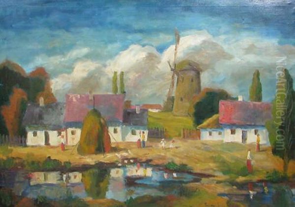 Landscape With Wind Mill Oil Painting by Bela Ivanyi Grunwald