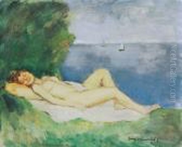 Nude By The Waterside Oil Painting by Bela Ivanyi Grunwald