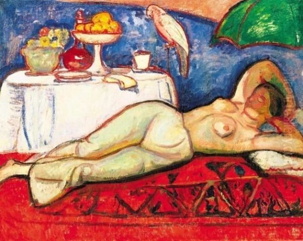 Nude With Parrot, Around 1909 Oil Painting by Bela Ivanyi Grunwald