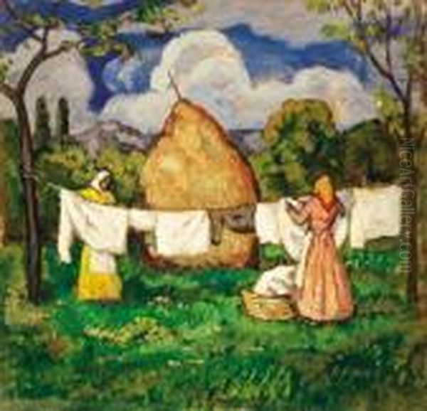 Drying Clothes, About 1910 Oil Painting by Bela Ivanyi Grunwald