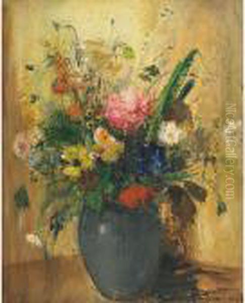 Summer Bouquet In A Blue Vase Oil Painting by Bela Ivanyi Grunwald