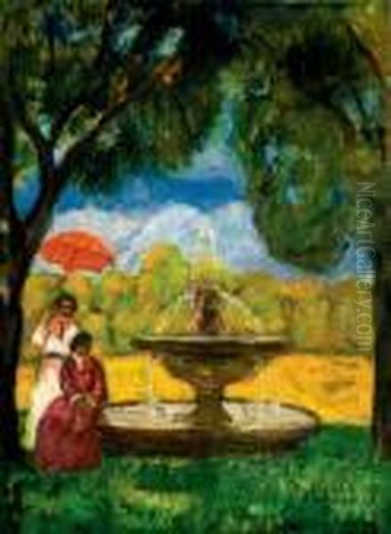 Woman With Parasols By The Fountain, About 1910 Oil Painting by Bela Ivanyi Grunwald