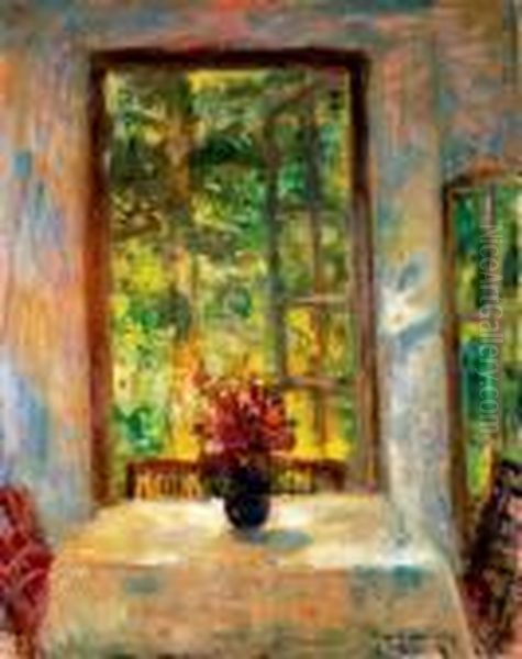 Sunlit Verandah With A Bunch Of Garden Flowers Oil Painting by Bela Ivanyi Grunwald