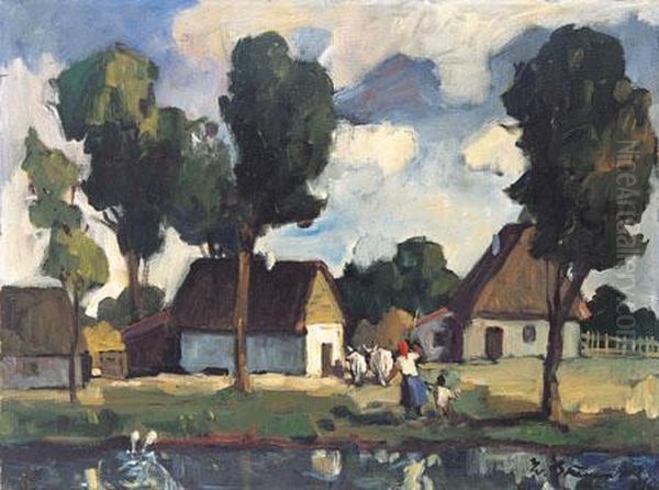 Figures In Landscape Oil Painting by Bela Ivanyi Grunwald