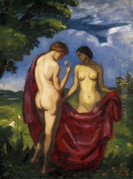 Nudes With Red Plaid, 1910s Oil Painting by Bela Ivanyi Grunwald