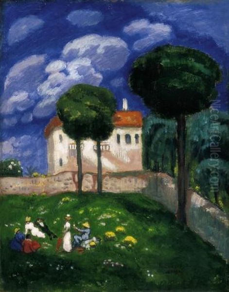 Villa Garden In Rome, About 1904 Oil Painting by Bela Ivanyi Grunwald