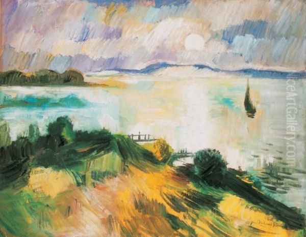 View Of Lake Balaton With A Sailing Boat Oil Painting by Bela Ivanyi Grunwald