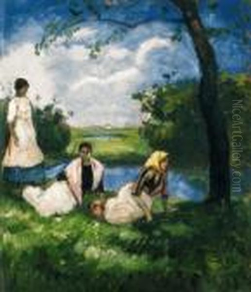 Girls In The Field, Early 1910s Oil Painting by Bela Ivanyi Grunwald