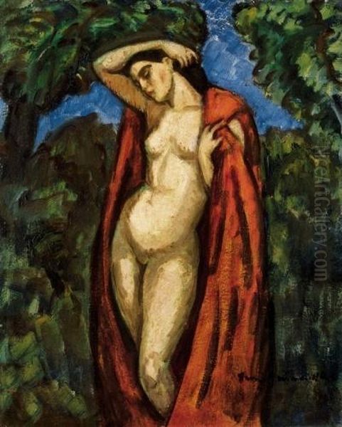 Nude With Red Mantle Oil Painting by Bela Ivanyi Grunwald