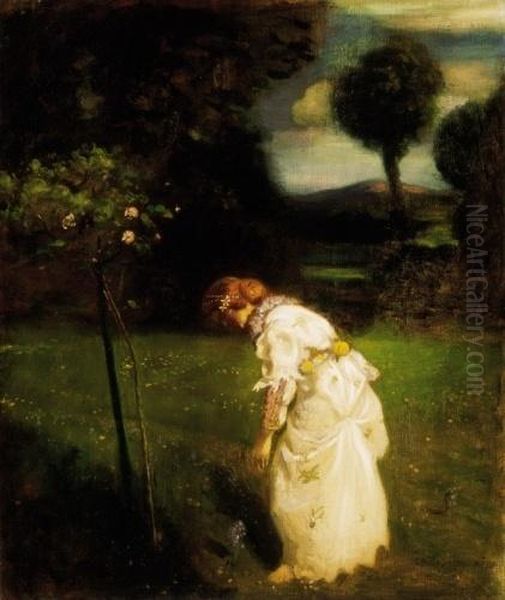 Spring (white - Dressed Woman In Flowery Garden) Oil Painting by Bela Ivanyi Grunwald