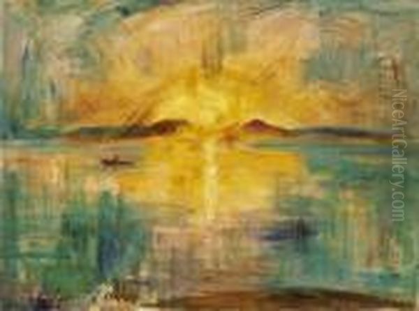 Sunset By The Lake Balaton At Badacsony Oil Painting by Bela Ivanyi Grunwald