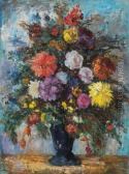 Still Life Of Flowers Oil Painting by Bela Ivanyi Grunwald