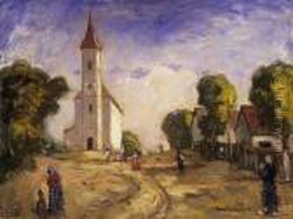 In The Square With A Church Oil Painting by Bela Ivanyi Grunwald