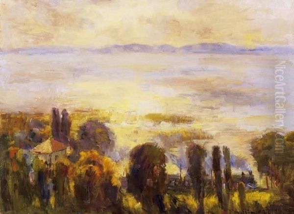 The Lake Balaton From Foldvar With A Smoky Train In The Foreground Oil Painting by Bela Ivanyi Grunwald