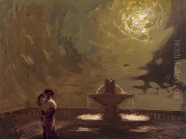 Girl By A Well Lit By Moonlight Oil Painting by Bela Ivanyi Grunwald