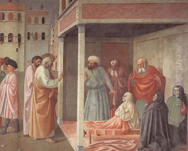 Healing of the Cripple and Raising of Tabatha (right view) Oil Painting by Tommaso Masolino (da Panicale)