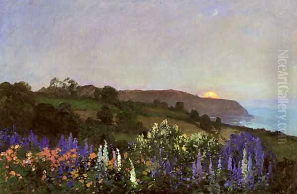 Delphiniums on a hillside at sunset Oil Painting by Thomas E. Mostyn