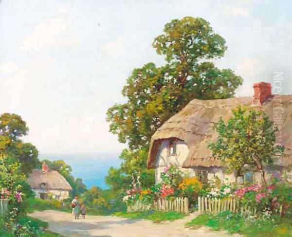 Figures before a thatched cottage Oil Painting by Thomas E. Mostyn