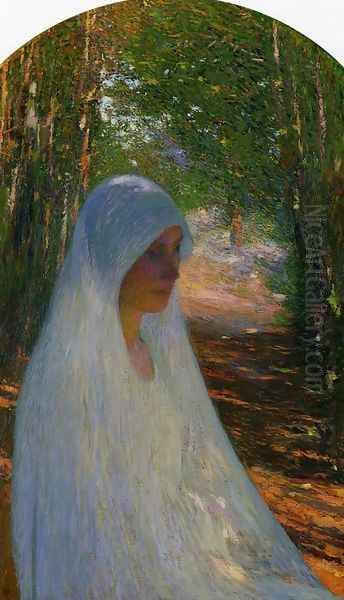 Young Woman Veiled in White in a Forest Oil Painting by Henri Martin