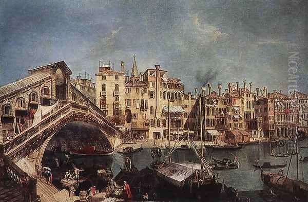 The Rialto Bridge from the Riva del Vin c. 1740 Oil Painting by Michele Marieschi