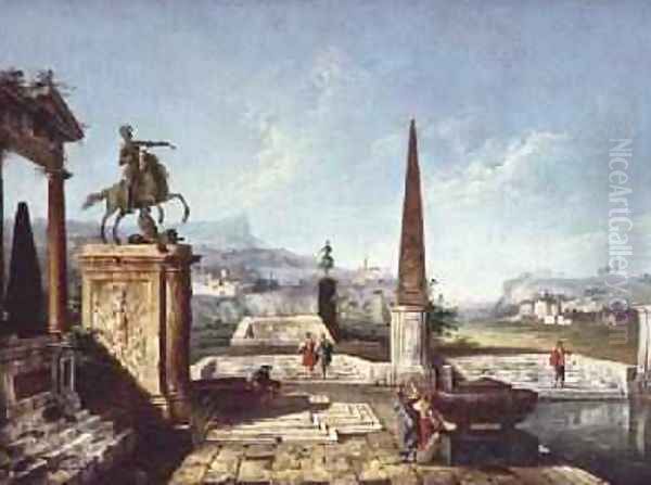 Capriccio of classical monuments obelisk with soldiers by a Pool and Mountains beyond Oil Painting by Michele Marieschi