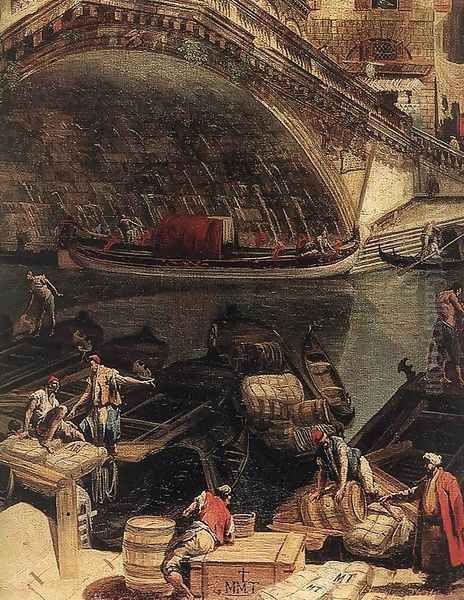 The Rialto Bridge in Venice (detail) c. 1740 Oil Painting by Michele Marieschi