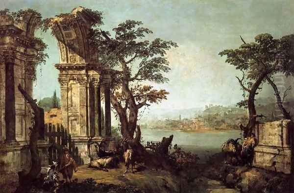 Capriccio with Classical Arch and Goats Oil Painting by Michele Marieschi