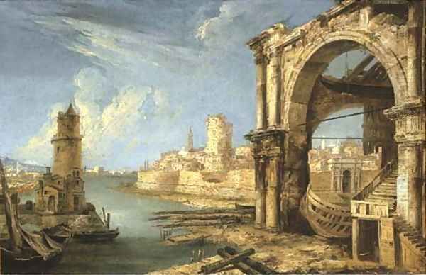 A capriccio of Roman buildings with a shipyard by a lagoon Oil Painting by Michele Marieschi