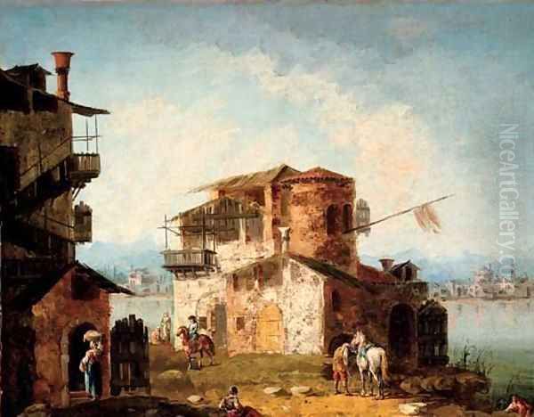 A capriccio with rustic houses and figures on horseback Oil Painting by Michele Marieschi