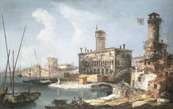 A capriccio landscape with a medieval palace and a tower Oil Painting by Michele Marieschi