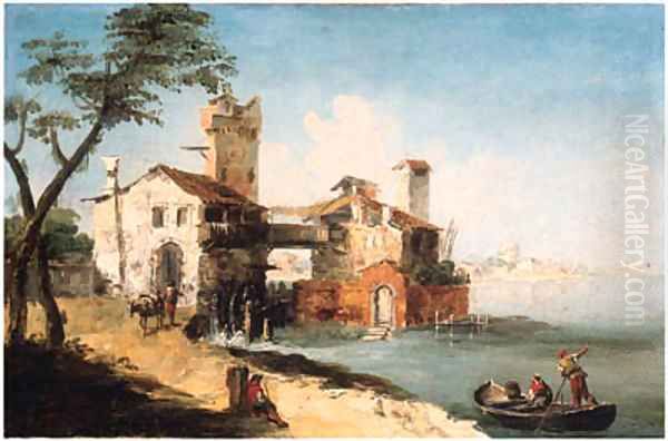 Capricci of the Venetian Lagoon, with boatmen and peasants Oil Painting by Michele Marieschi