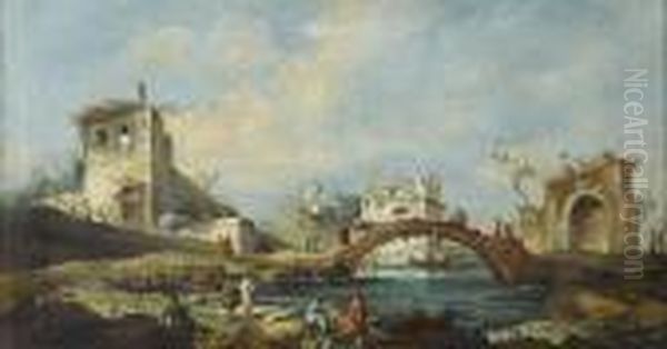 A 
Capriccio 
 With Figures Standing Before A Bridge Oil Painting by Francesco Guardi