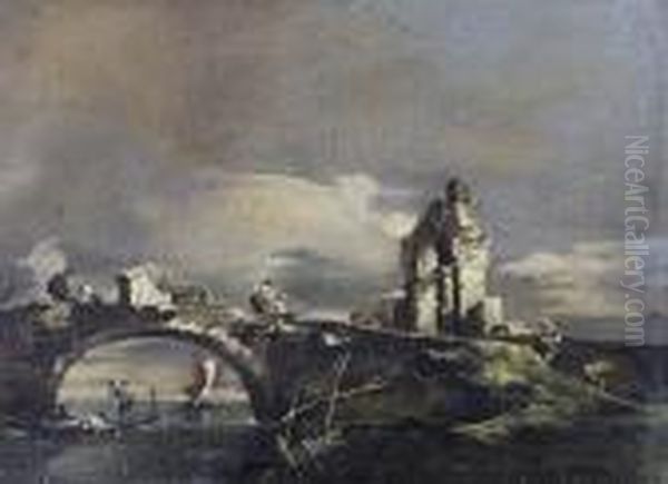 Figures On A Bridge Oil Painting by Francesco Guardi