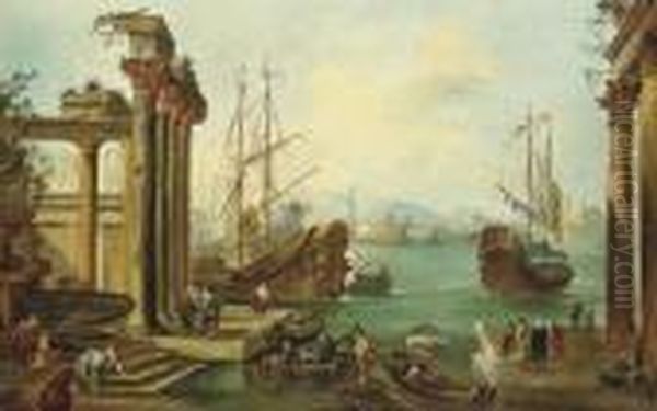 A Capriccio Of An Italianate 
Harbour Bordered By Classical Ruins With Figures On The Quaiside Oil Painting by Francesco Guardi