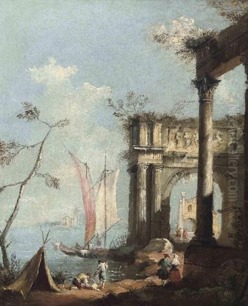 A Harbour Scene With An Elegant Couple Before Ruins Oil Painting by Francesco Guardi