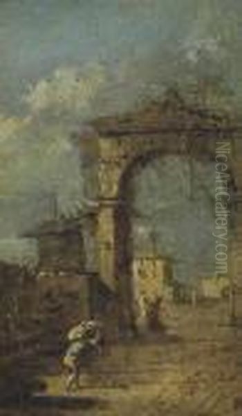 Capriccio Of A Ruined Arch, A City Wall And Figures Oil Painting by Francesco Guardi