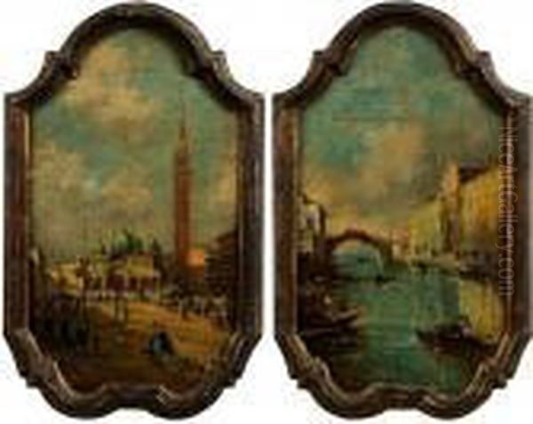 Pair Venetian Scenes: Market At Piazza S. Marco And Venetian Canal Oil Painting by Francesco Guardi