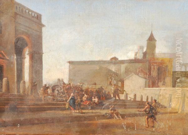 Guardi Figures On Stepsbefore A Church Oil Painting by Francesco Guardi