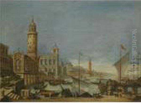 A Capriccio Harbour Scene With Figures Unloading Boats Oil Painting by Francesco Guardi