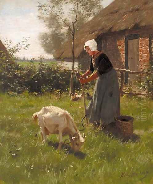 A farmer's wife tending to the livestock Oil Painting by Willy Martens