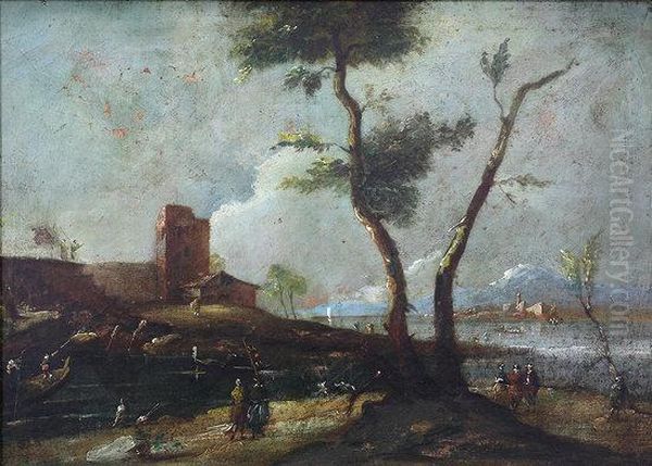 Figures In A Landscape Oil Painting by Francesco Guardi