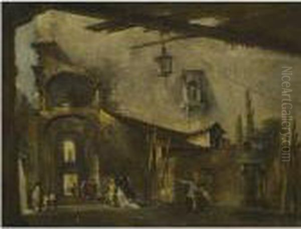 A Backstreet Scene With Elegant Figures Passing Through Anarchway Oil Painting by Francesco Guardi