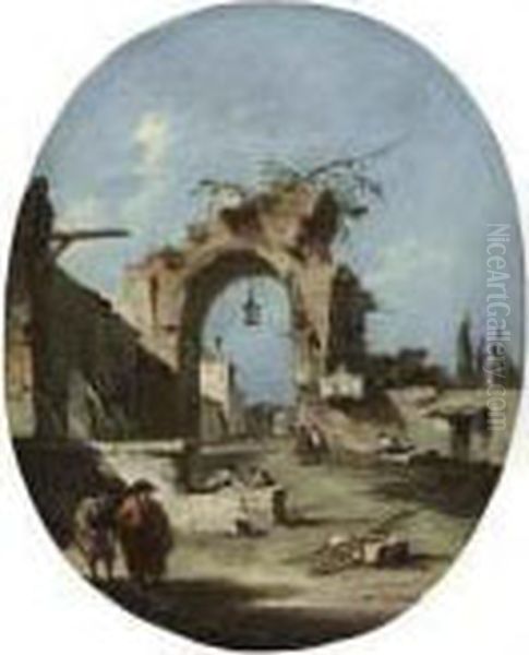 A Capriccio With A Ruined Arch And A Town Wall Oil Painting by Francesco Guardi